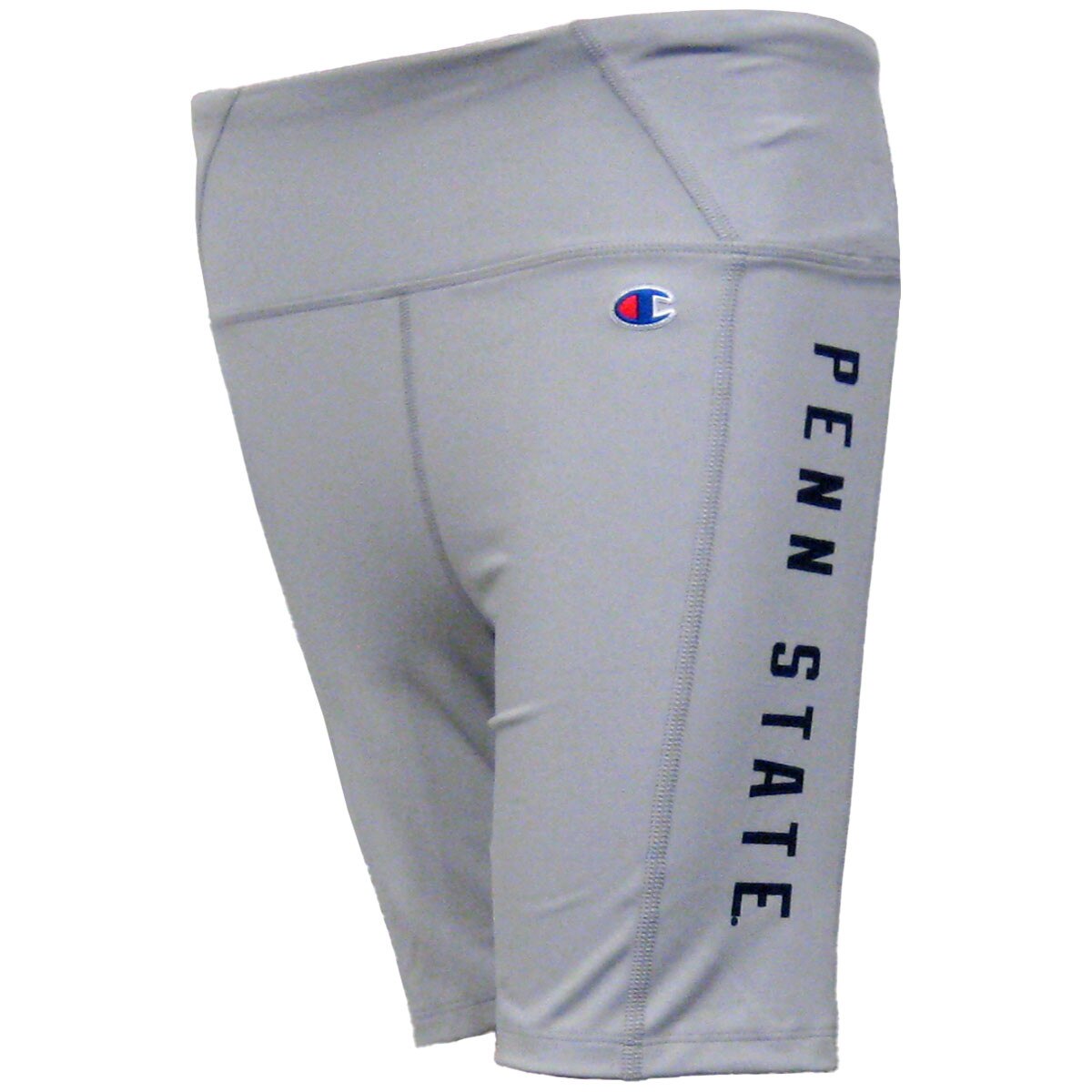 women's gray biker shorts with navy Penn State down left leg